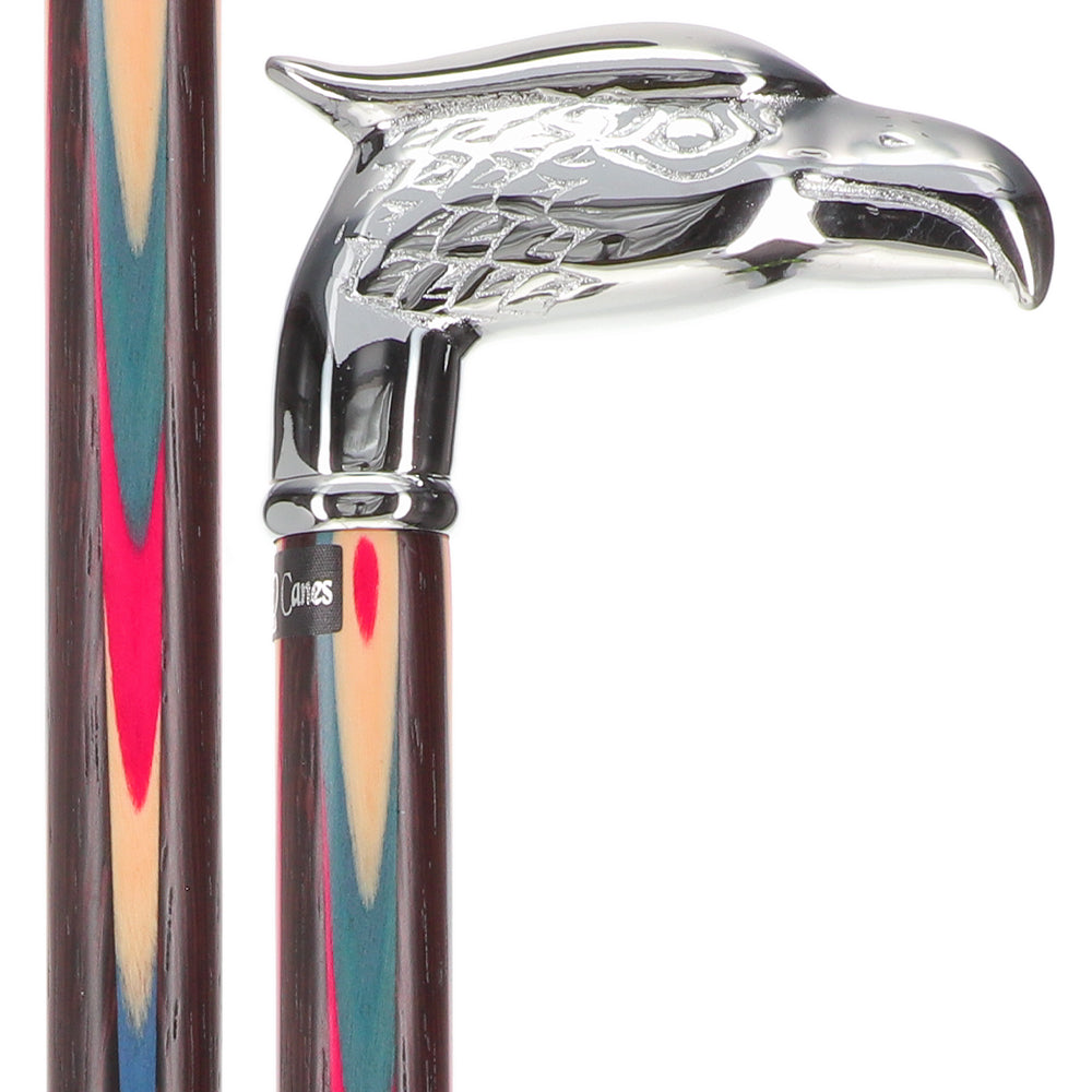 Scratch and Dent Colors Don't Run Chrome Plated Eagle Head Walking Cane With Inlaid Wenge Wood Shaft - Silver Collar V2050 Outlet Pay With Paypal