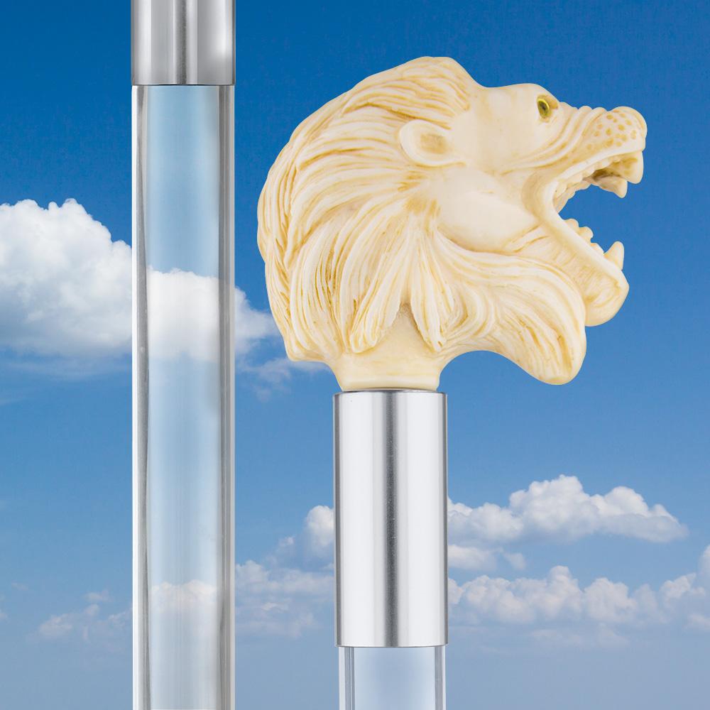 Faux Ivory Roaring Lion Knob Handle Walking Cane w/ Lucite Shaft & Collar Free Shipping New Styles