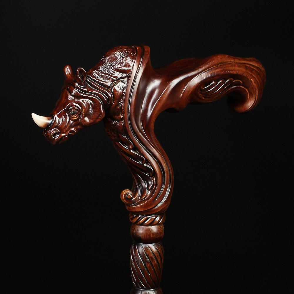 Rhino: Artisan Intricate Handcarved Wood Cane (Right Hand) Original Cheap Online