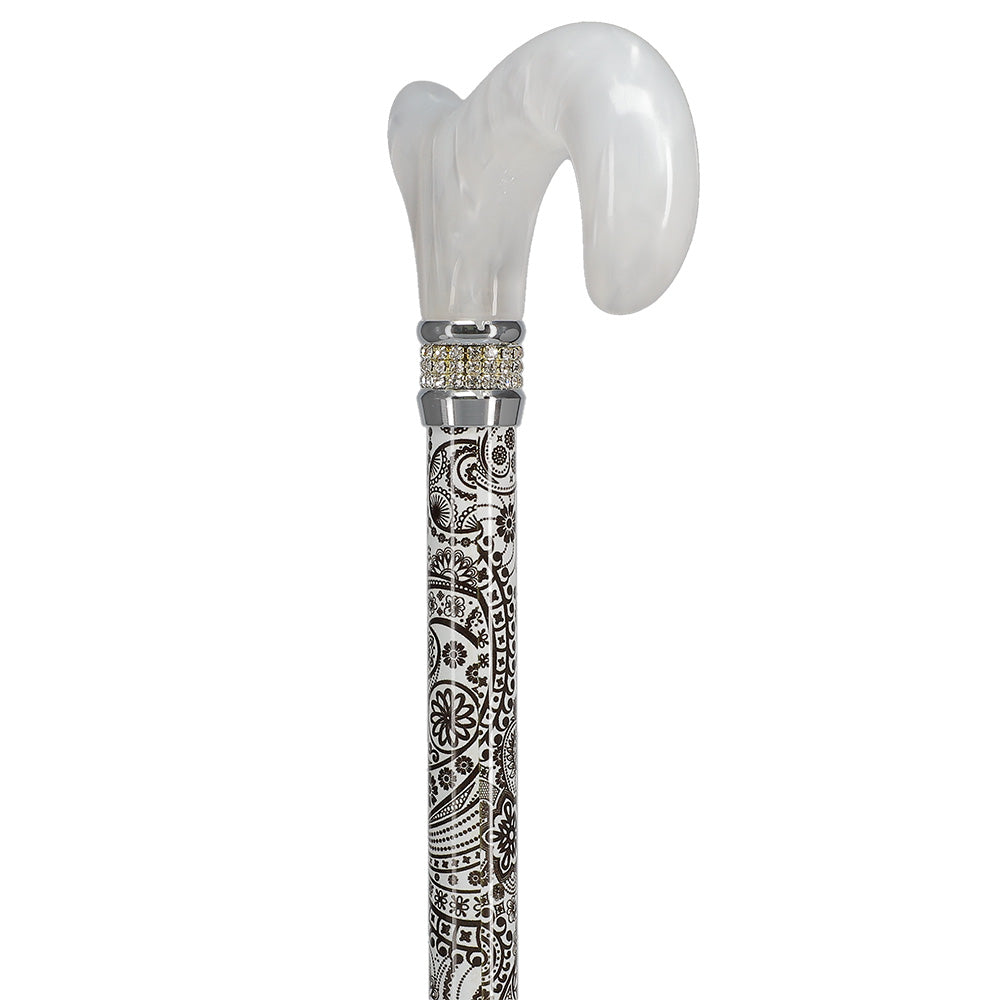 Scratch and Dent White Pearlz w/ Rhinestone Collar and Black Swirl Designer Adjustable Cane V1694 Cheap Sale Looking For