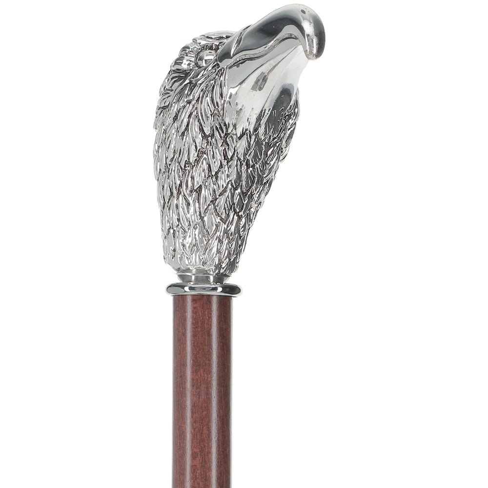 Silver 925r Hawk Head Walking Cane with Stained Beechwood Shaft and Collar Online Online Outlet Sale