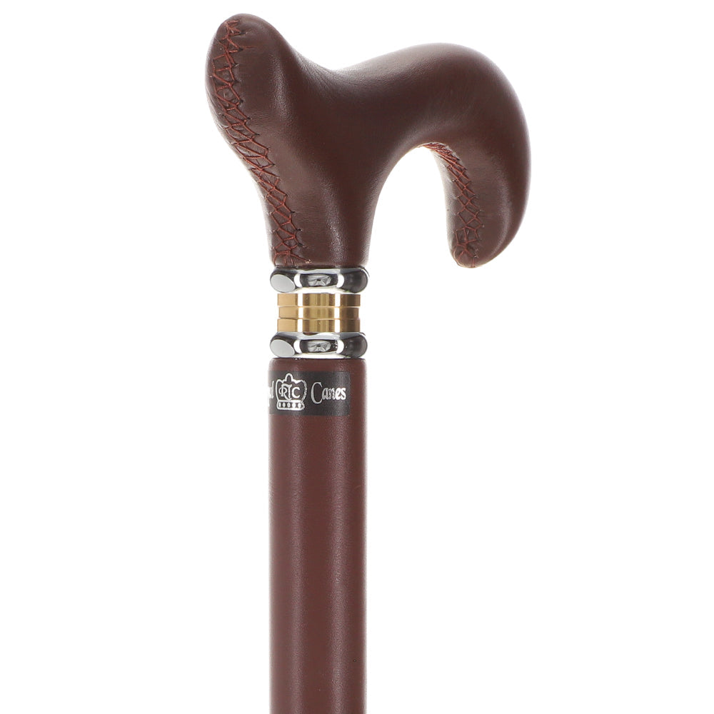 Scratch and Dent Brown Leather Wrapped Derby Walking Cane With Leather Shaft and Two Tone Collar V1266 Cheap Sale Manchester