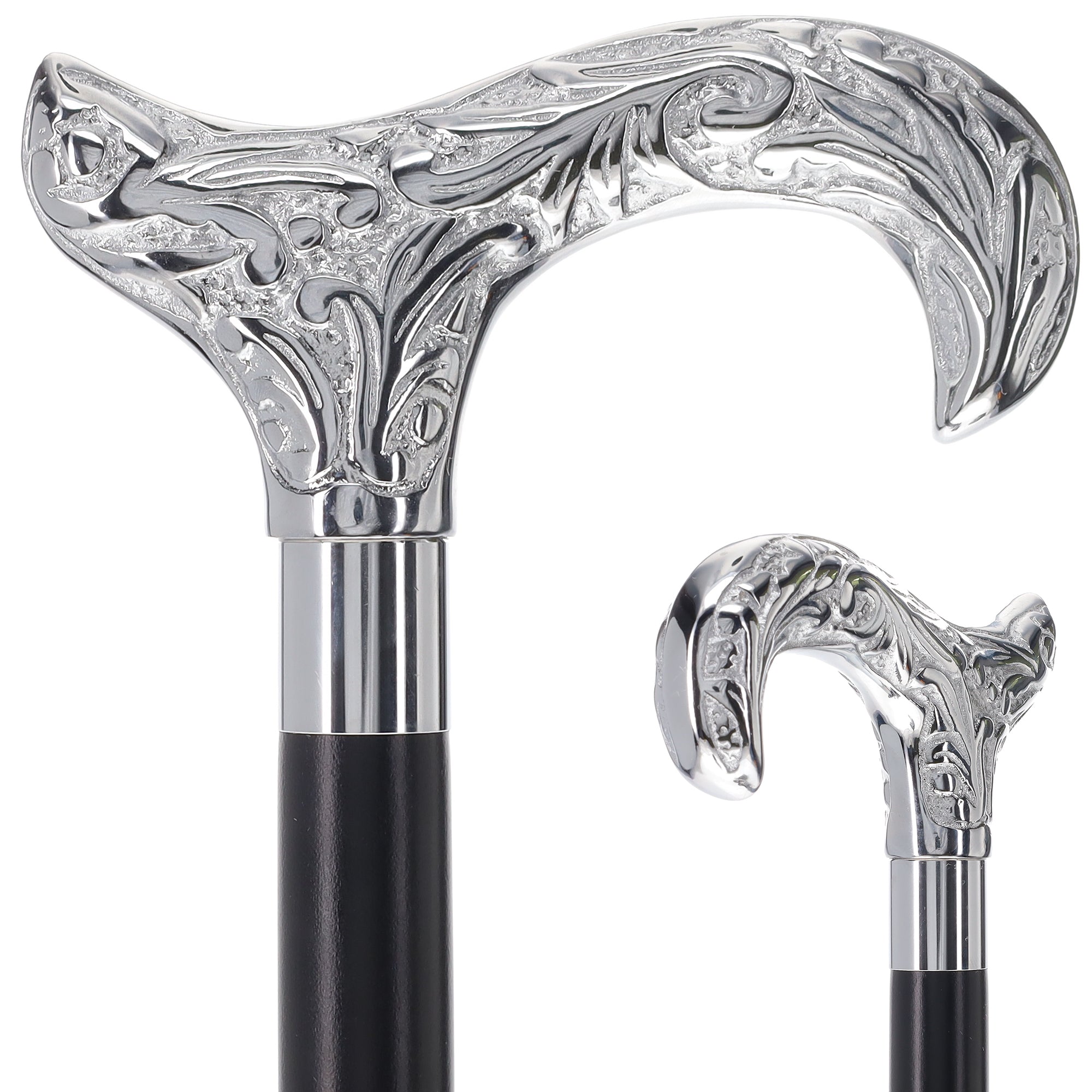 Scratch and Dent Chrome Plated Derby Handle Walking Cane w/ Black Beechwood Shaft and Aluminum Silver Collar V2156 Shop For Online