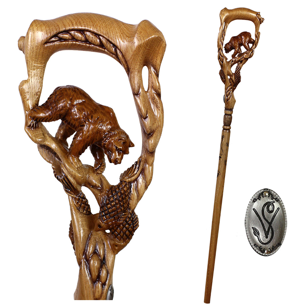 Artisan Grizzly & Salmon Hand-Carved Cane - Intricate Buy Cheap Shop