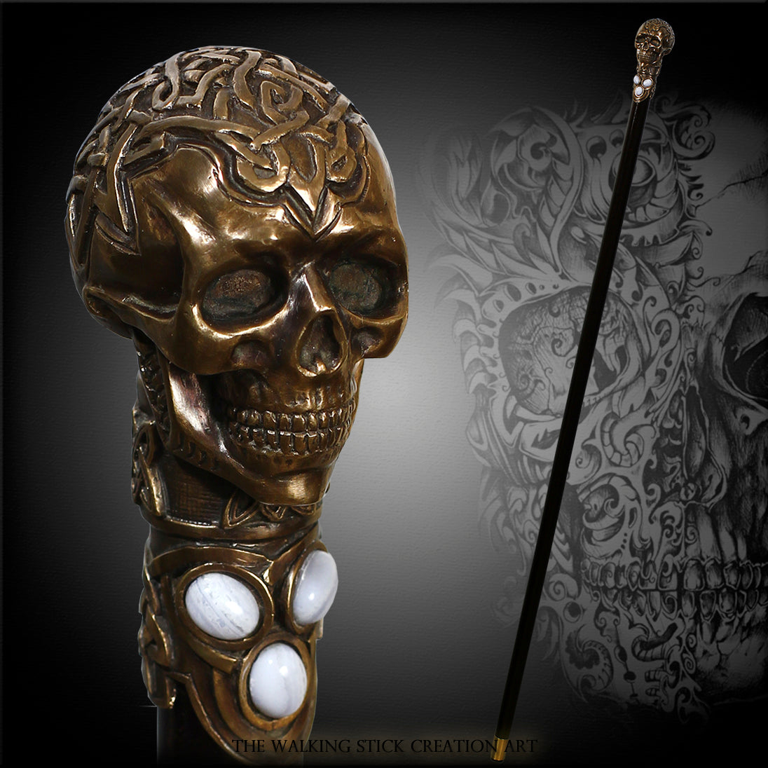 Skull Casted Bronze with Gems: Artisan Intricate Walking Cane Cheapest Pice For Sale