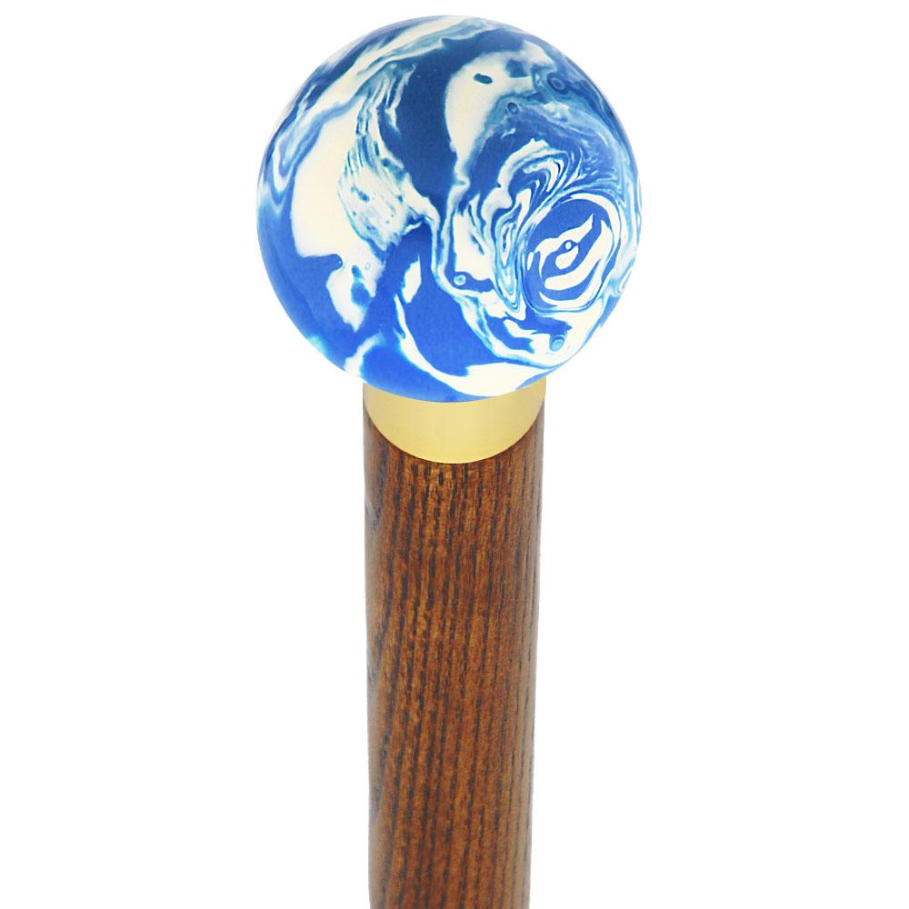 Blue & White Cream Swirl Round Knob Cane w/ Custom Wood Shaft & Collar Cheap Extremely