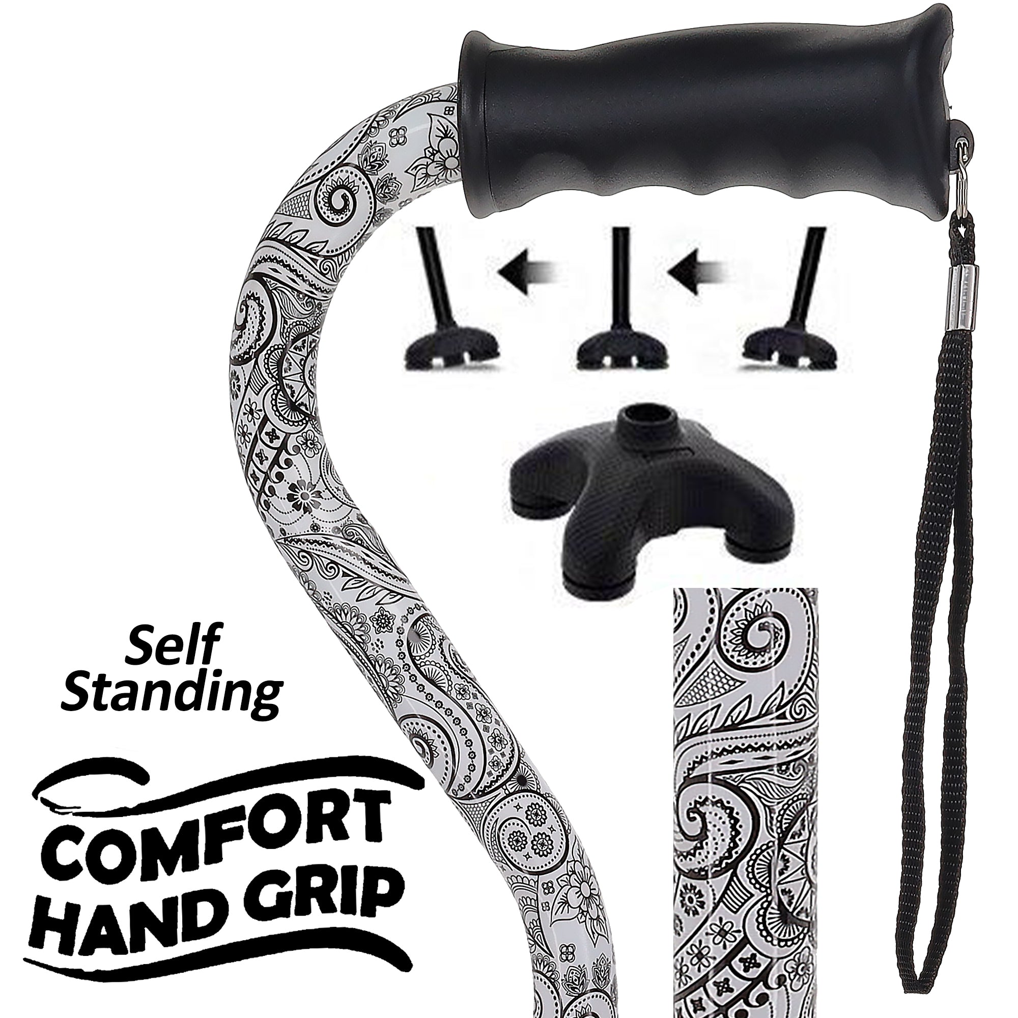 Black & White Offset Cane - Comfort Grip, Adjustable w/ SafeTbase Latest Cheap Online