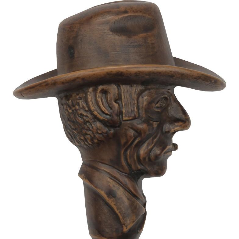 Brown Cowboy with Hat Imitation Wood Cane -Italian Handle w/Custom Shaft and Collar Manchester