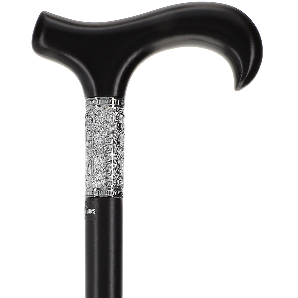 Scratch and Dent Hand-Made Black Beechwood Derby Walking Cane w/ Pewter Leaf Silver Collar V2308 Outlet Fashion Style