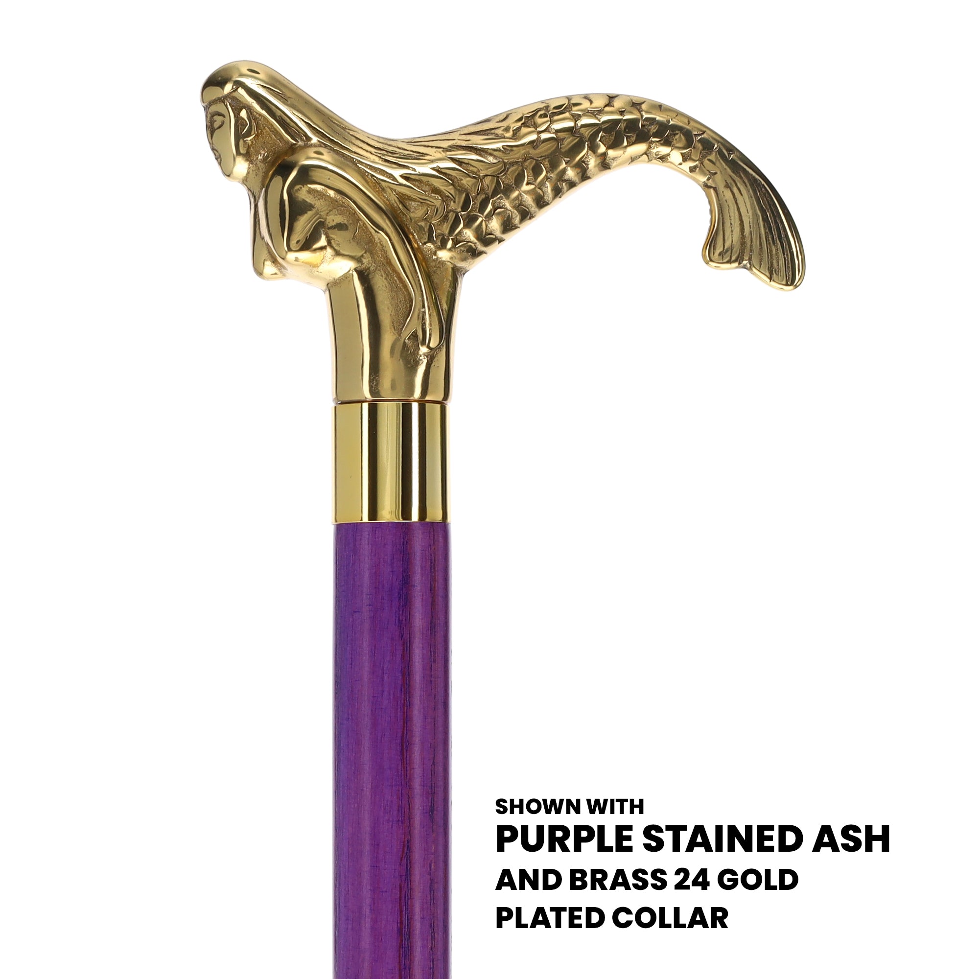 Brass Mermaid Handle Walking Cane w/ Custom Color Stained Ash Shaft & Collar Cheap Free Shipping