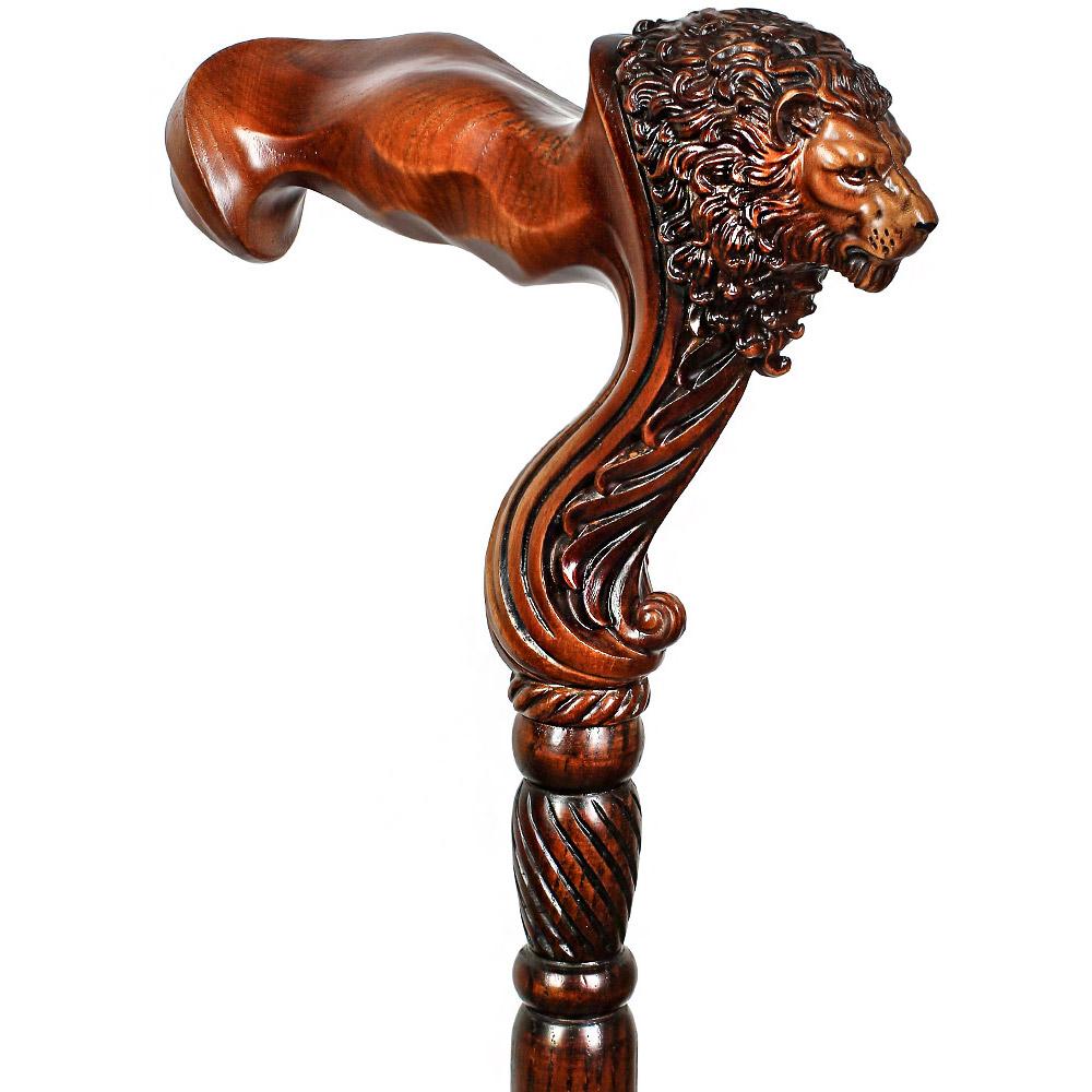 Lion Head: Artisan Intricate Handcarved Wood Cane (Right Hand) Limited Edition Sale Online