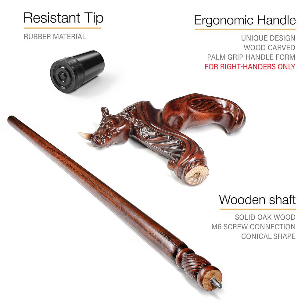 Scratch and Dent Rhino: Artisan Intricate Handcarved Wood Cane (Right Hand) V3485 Buy Cheap Genuine