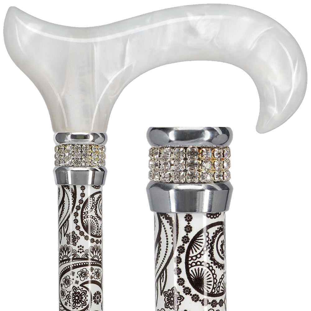 Scratch and Dent White Pearlz w/ Rhinestone Collar and Black Swirl Designer Adjustable Cane V1694 Cheap Sale Looking For