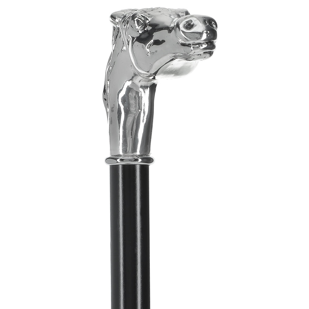 Silver 925r Horse Walking Cane with Black Beechwood Shaft and Collar Perfect Sale Online