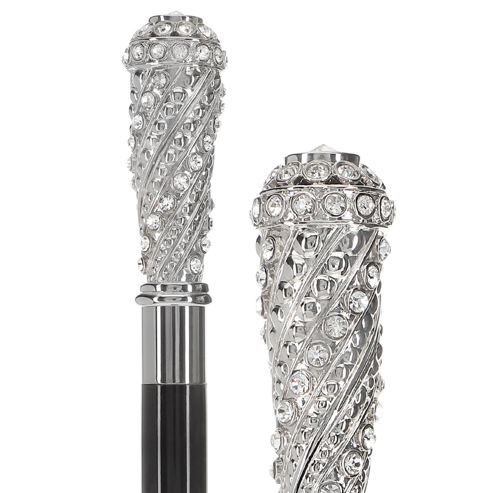 Silver 925r Swarovski Crystal Encrusted Elongated Knob Walking Stick with Black Beechwood Shaft Free Shipping For Cheap