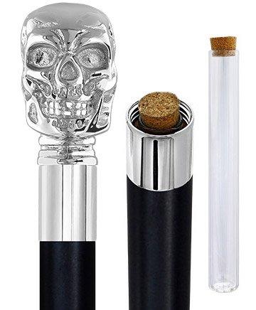 Skull Premium Chrome Brass Flask Cane: Wood Shaft Hidden Flask Outlet Cheap Online