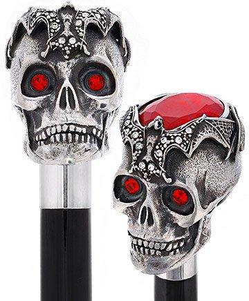 Silver 925r Ruby Red Skull and Bats Walking Cane w/ Black Beechwood Shaft Clearance With Mastercard