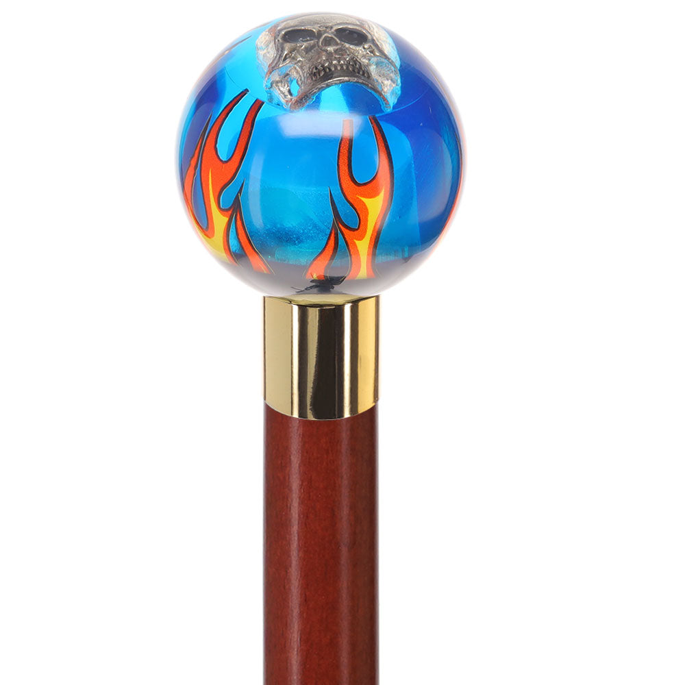 Blue Flame with Skull Round Knob Cane w/ Custom Color Ash Shaft & Collar Free Shipping Cost