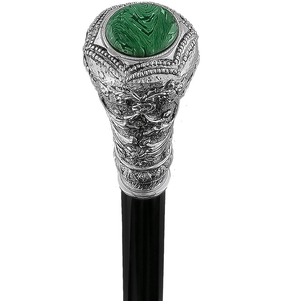 Scratch and Dent Silver 925r Knob Handle Walking Cane w/ Black Beechwood Shaft and Green Stone Pillbox V2080 Low Cost For Sale