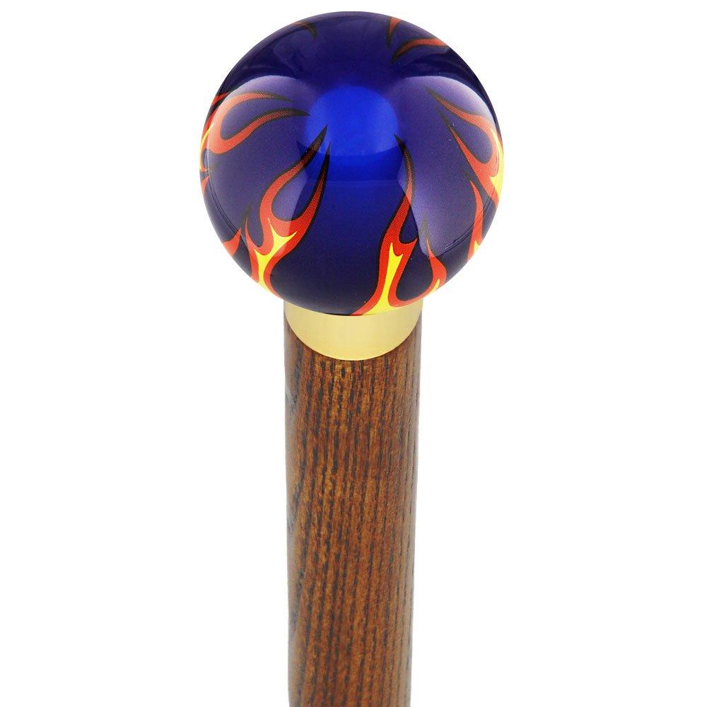 Burst of Flames Blue Transparent Round Knob Cane w/ Custom Wood Shaft & Collar Cheap Hot Sale