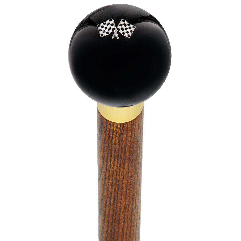 Checkered Racing Flags Black Round Knob Cane w/ Custom Color Ash Shaft & Collar For Cheap Cheap Online