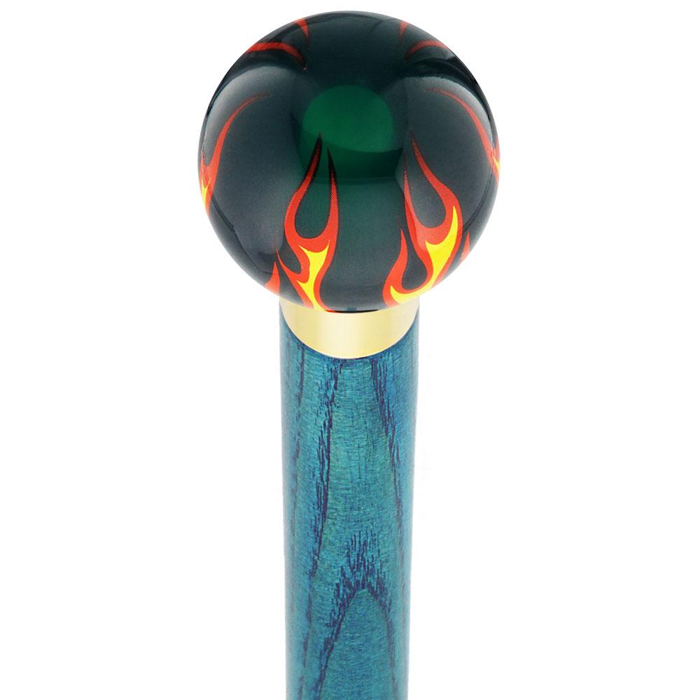 Burst of Flames Green Transparent Round Knob Cane w/ Custom Color Ash Shaft & Collar Many Kinds Of Sale Online