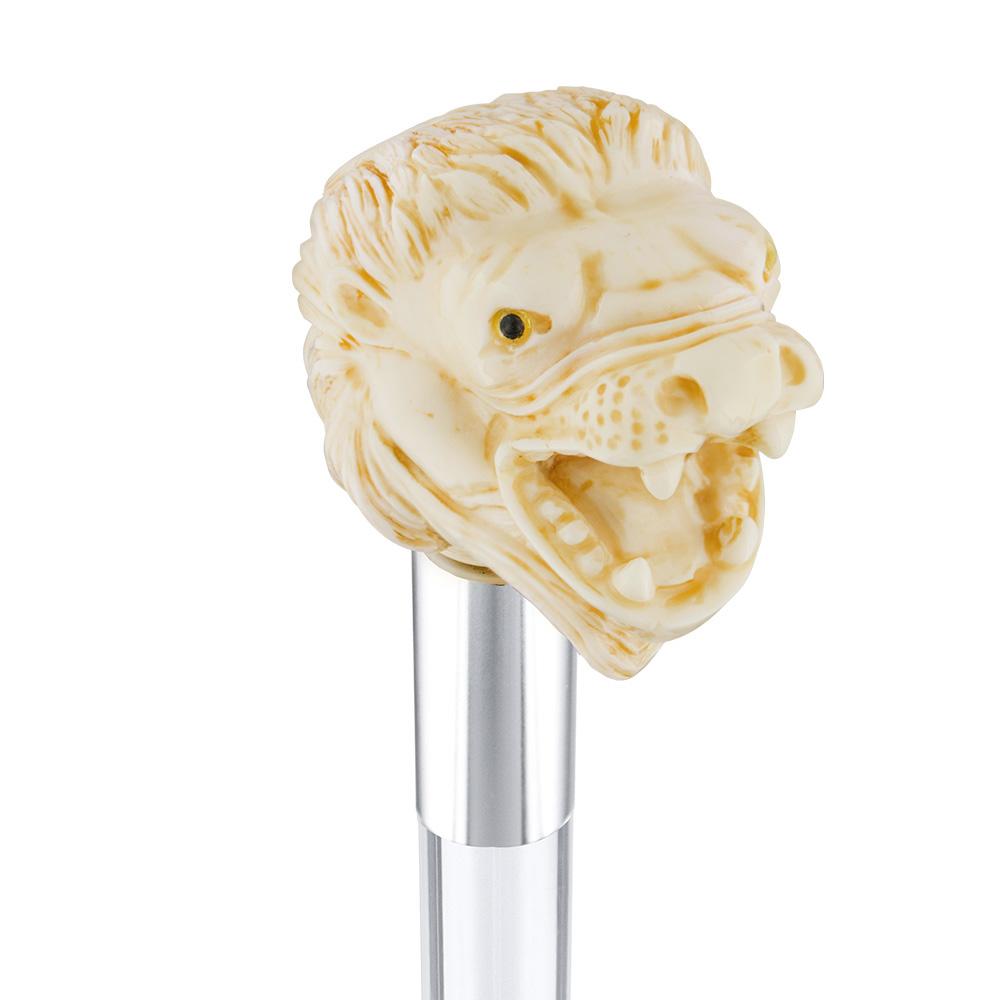 Faux Ivory Roaring Lion Knob Handle Walking Cane w/ Lucite Shaft & Collar Free Shipping New Styles