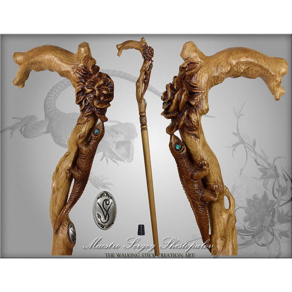 Lizard and Flower: Artisan Intricate Detail Handcarved Cane Free Shipping With Credit Card