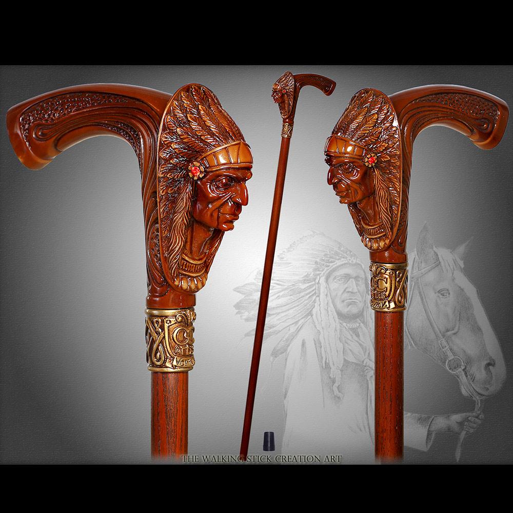 Scratch and Dent American Indian Chief Brown Handle Cane w/ Wood Shaft & Bronze Collar V2360 Discount Choice