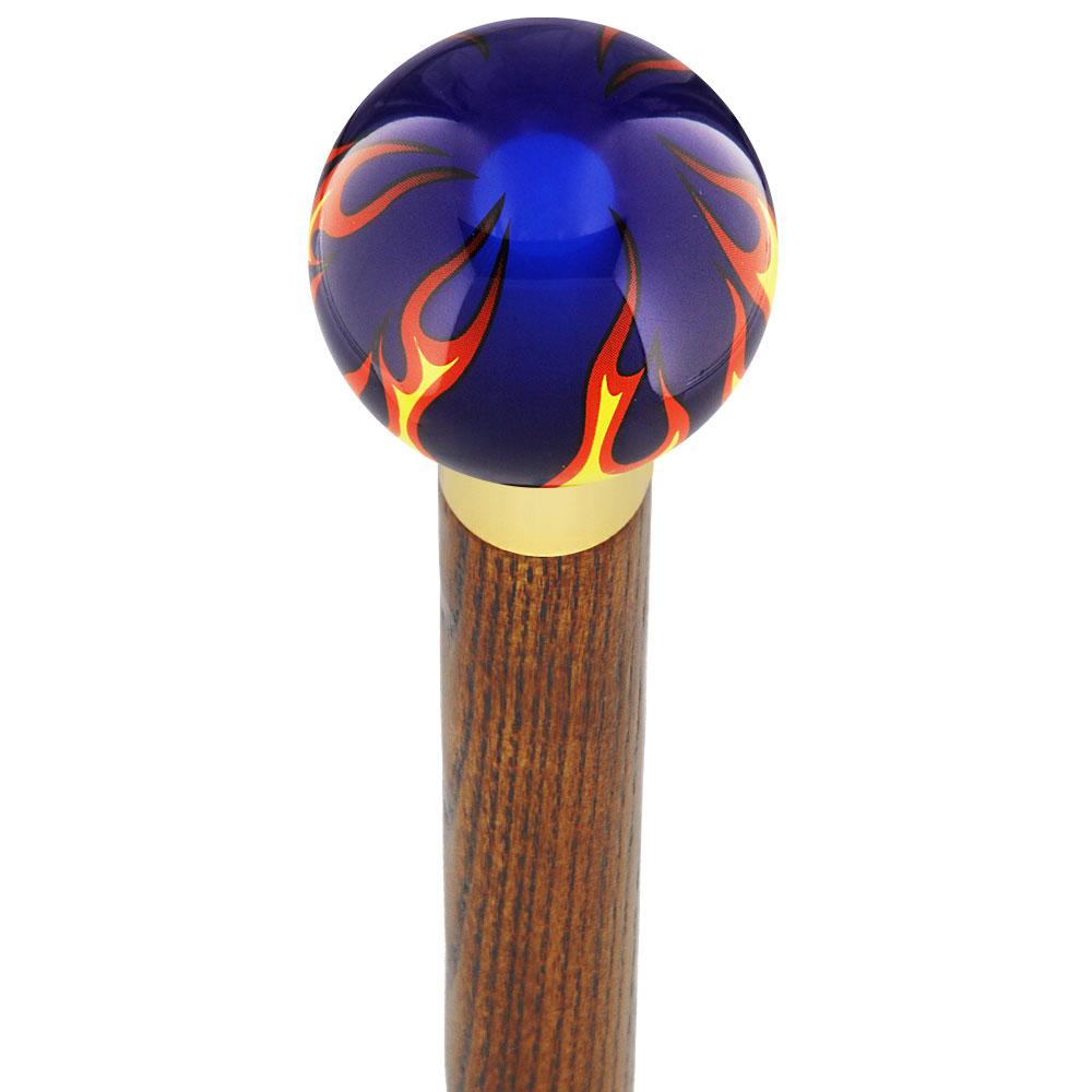 Burst of Flames Blue Transparent Round Knob Cane w/ Custom Color Ash Shaft & Collar Official Site