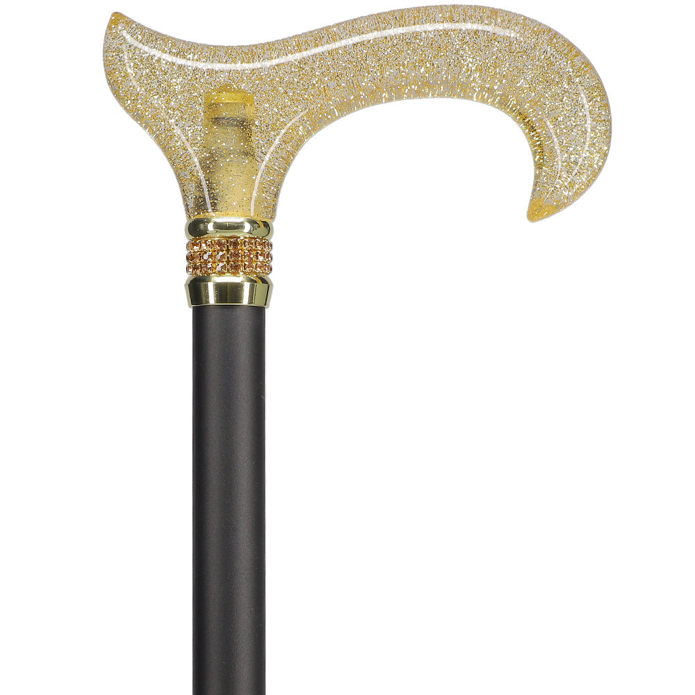 Gold Sparkle Designer Glitter Derby Handle Walking Cane w/ Rhinestone Collar Great Deals Sale Online