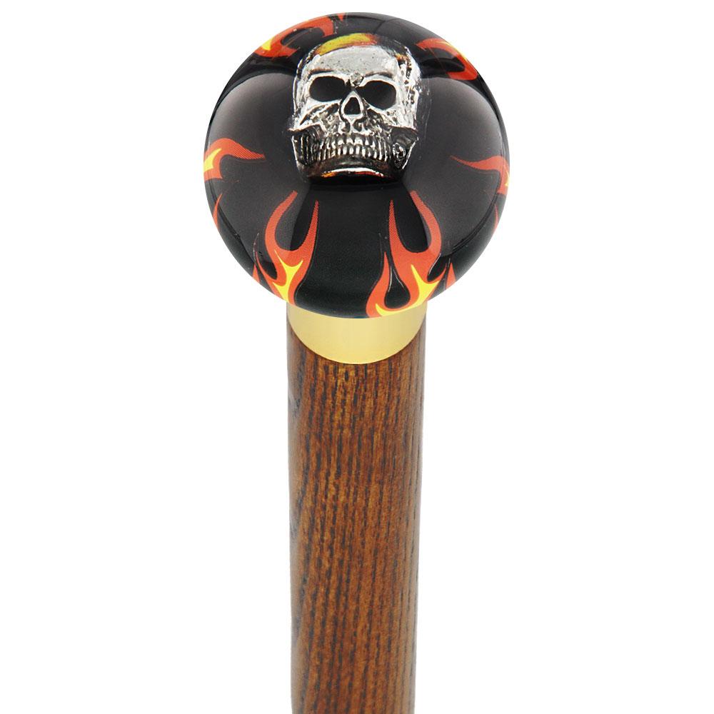 Fire & Brimstone Skull Black Round Knob Cane w/ Custom Wood Shaft & Collar New Styles For Sale