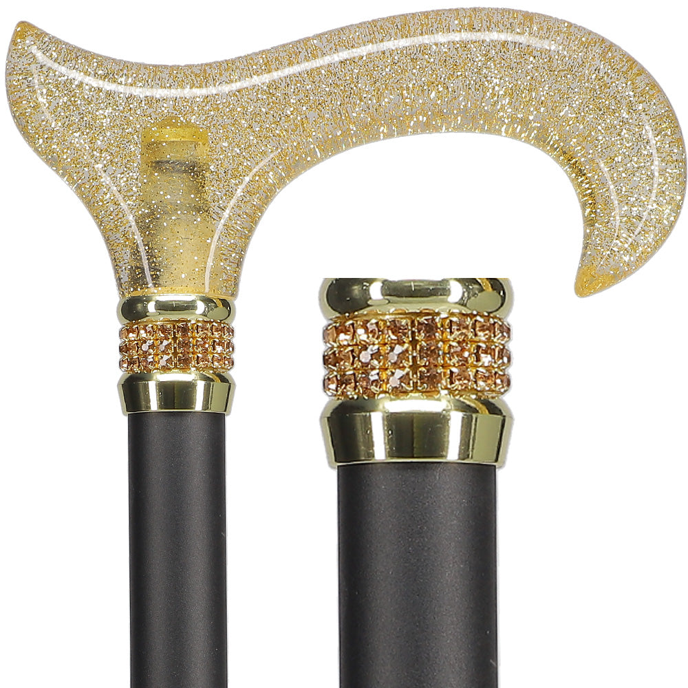 Gold Sparkle Designer Glitter Derby Handle Walking Cane w/ Rhinestone Collar Great Deals Sale Online