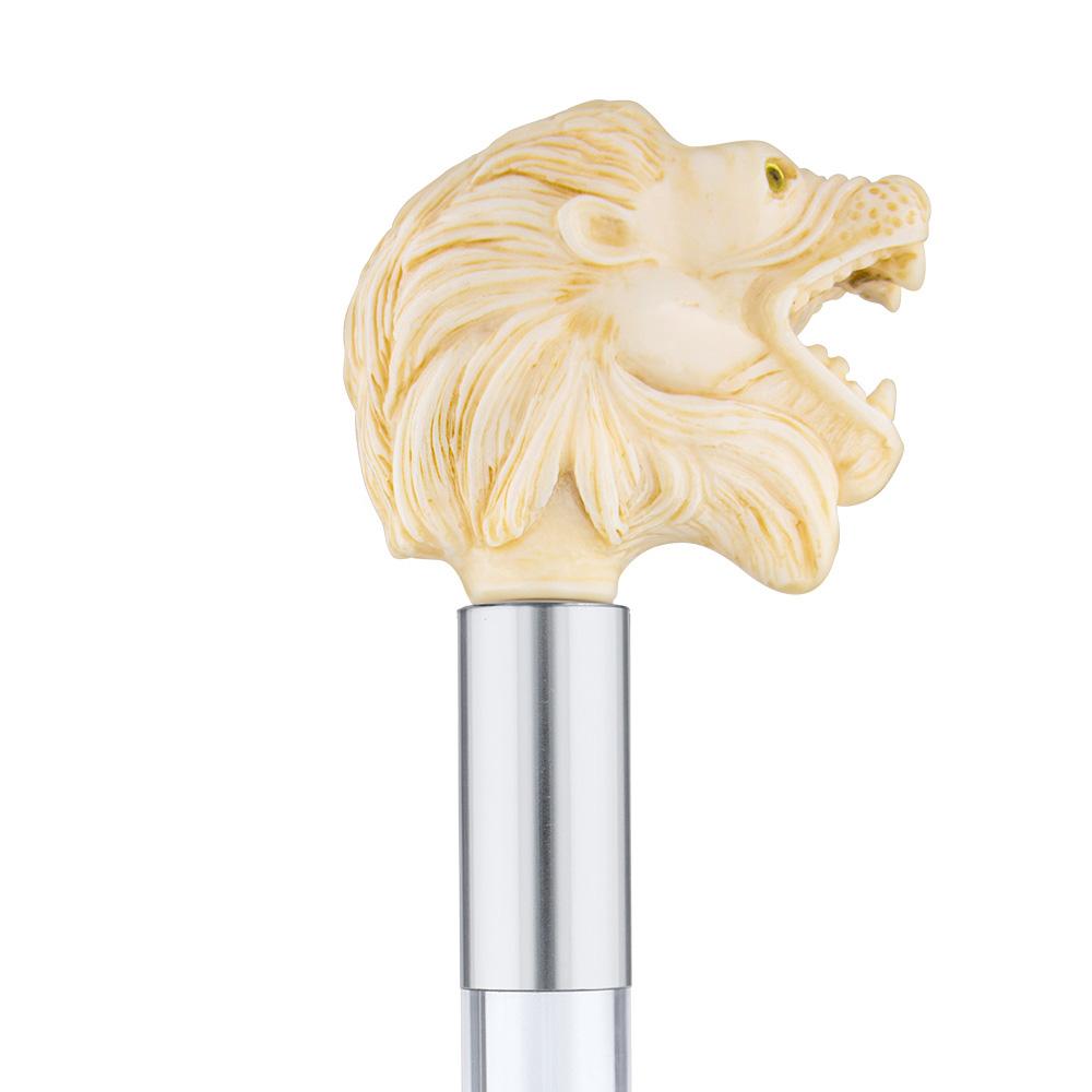 Faux Ivory Roaring Lion Knob Handle Walking Cane w/ Lucite Shaft & Collar Free Shipping New Styles