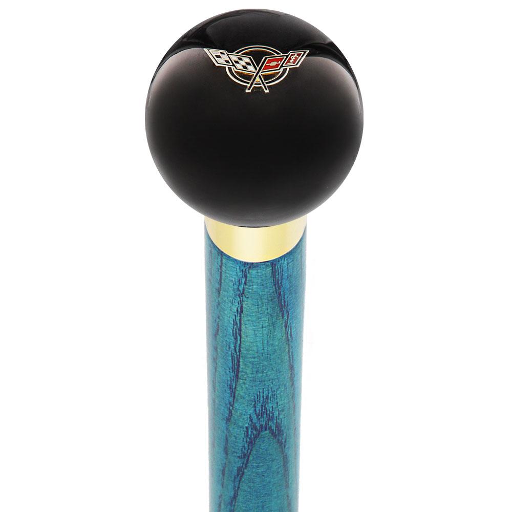 Licensed Corvette Angled Flags Emblem Black Round Knob Cane w/ Custom Color Ash Shaft & Collar Huge Surprise