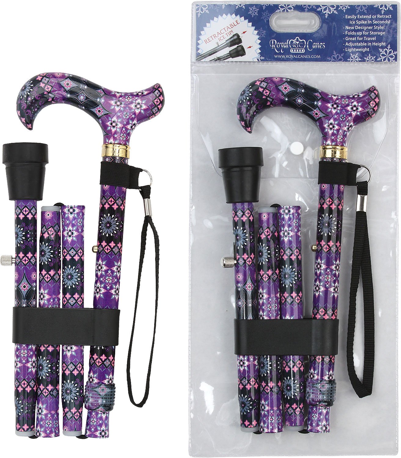 Scratch and Dent Designer Folding Cane: Purple Majesty, Retractable Ice Tip V3463 Cheapest Pice