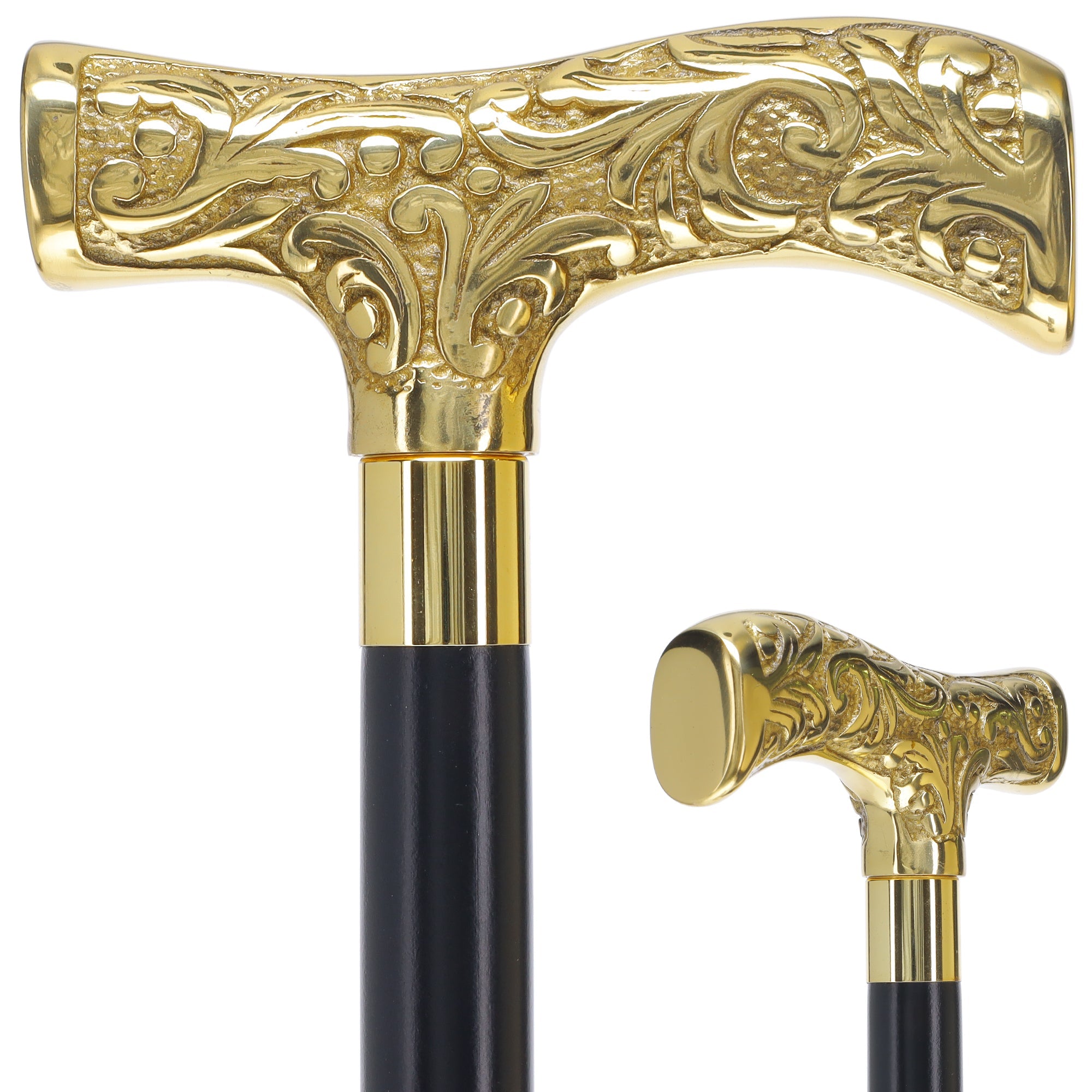 Scratch and Dent Brass T Shaped Handle Walking Cane w/ Wenge Shaft and Brass Gold Collar V3205 High Quality Cheap Pice