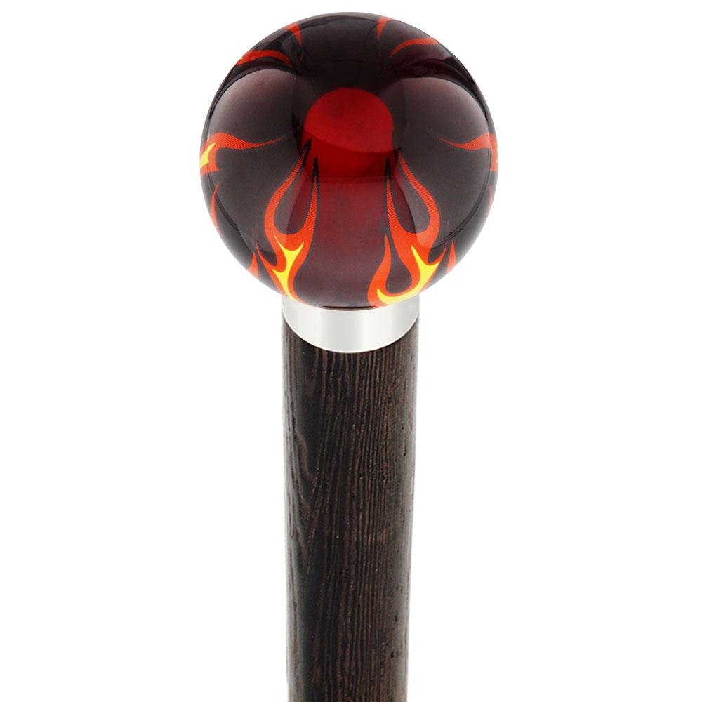 Burst of Flames Red Transparent Round Knob Cane w/ Custom Wood Shaft & Collar Best Seller