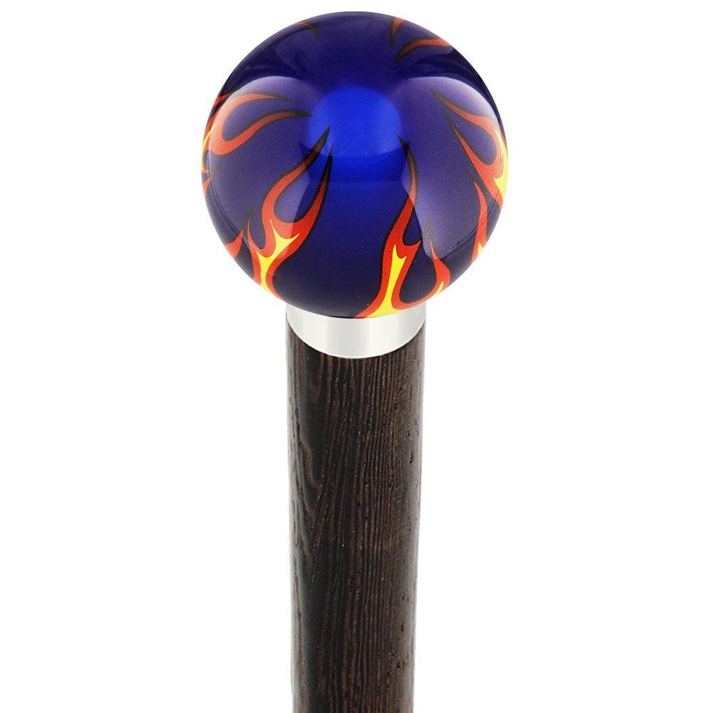 Burst of Flames Blue Transparent Round Knob Cane w/ Custom Wood Shaft & Collar Cheap Hot Sale