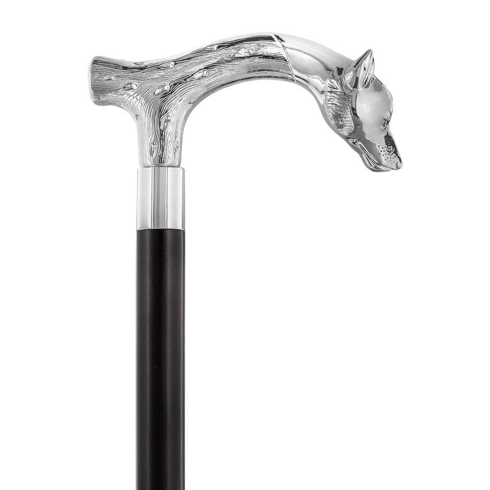 Unwavering Fierce Wolf Nickel Plated Fritz Handle Cane w/ Black Beechwood Shaft & Aluminum Silver Collar Sale Outlet