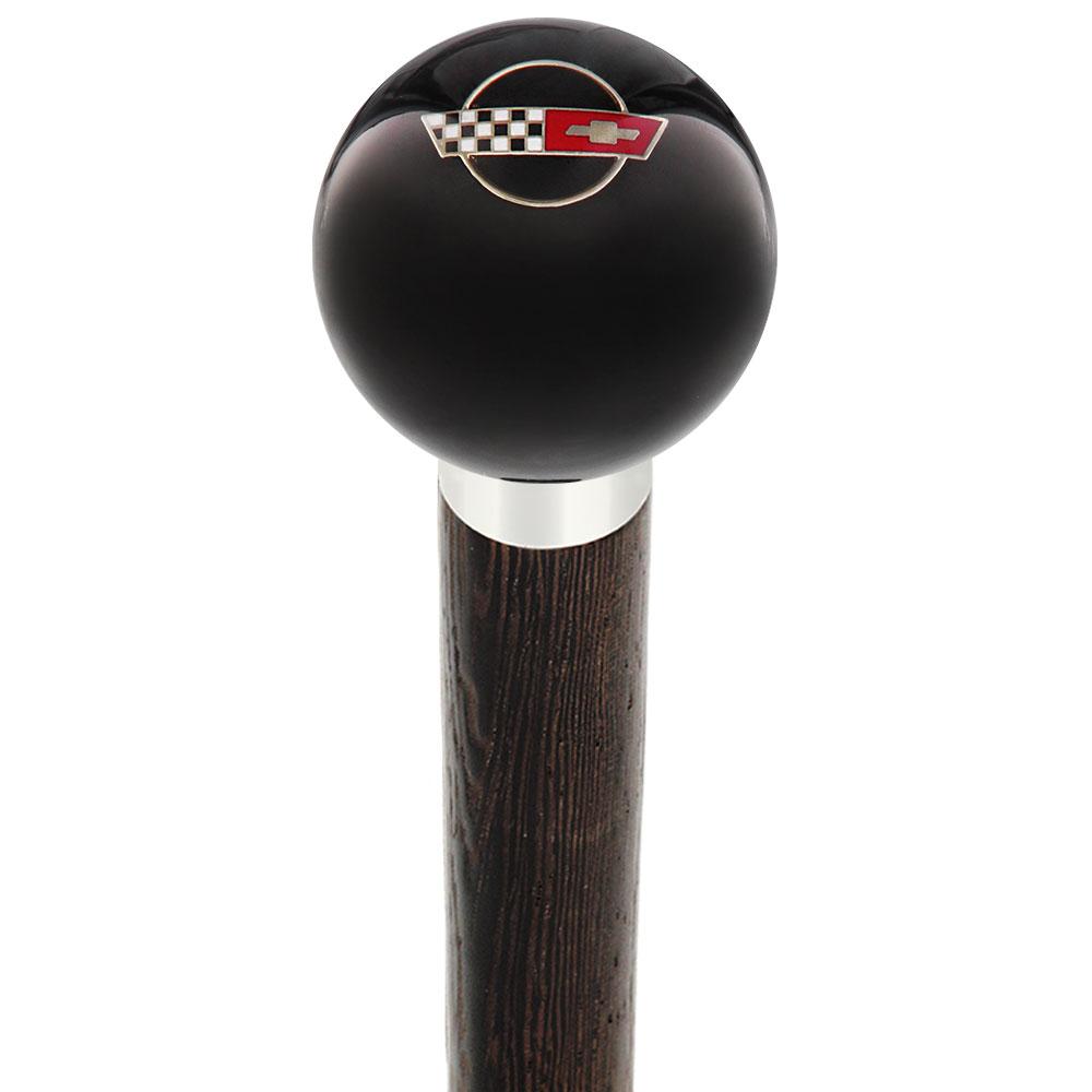 Licensed Corvette Side by Side Flags Emblem Black Round Knob Cane w/ Custom Wood Shaft & Collar Comfortable Cheap Pice