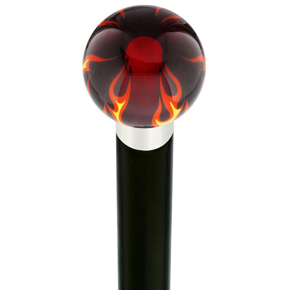 Burst of Flames Red Transparent Round Knob Cane w/ Custom Wood Shaft & Collar Best Seller