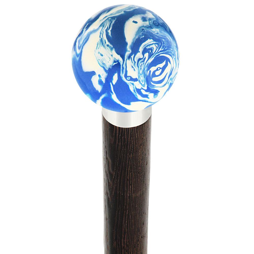 Blue & White Cream Swirl Round Knob Cane w/ Custom Wood Shaft & Collar Cheap Extremely