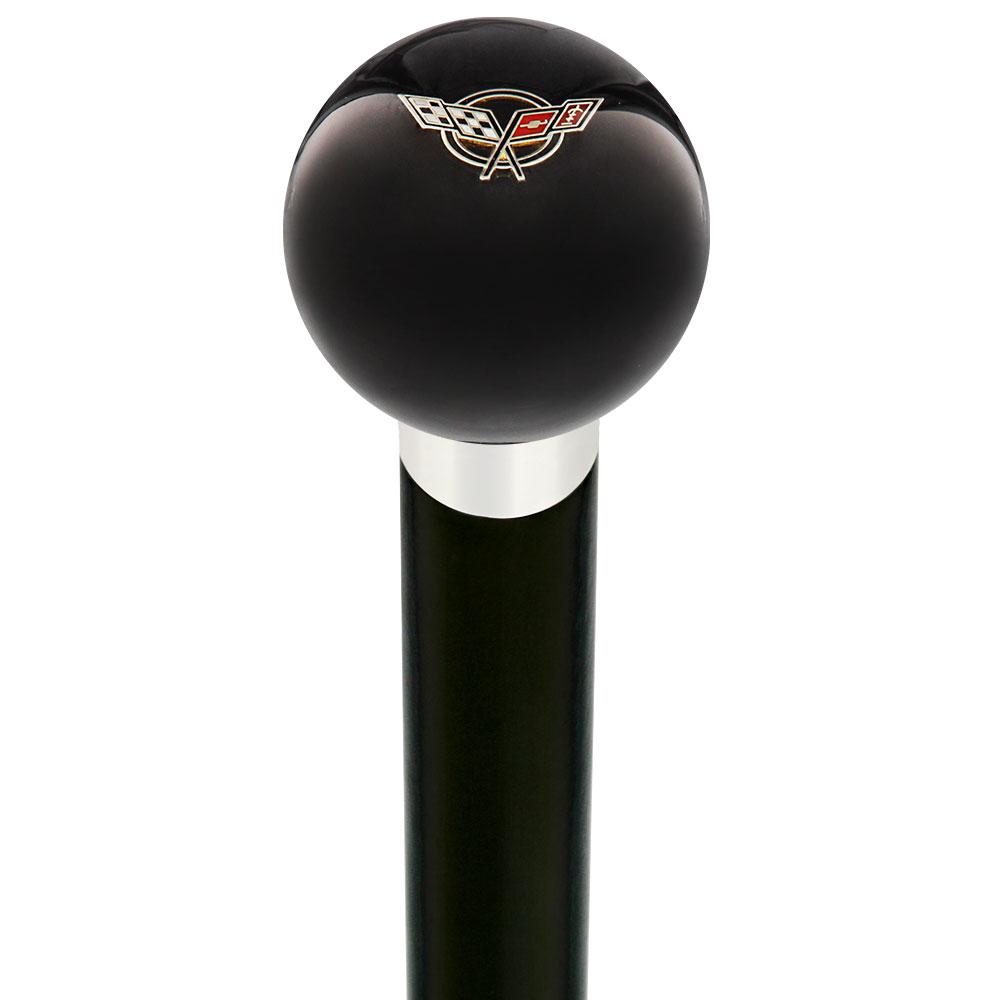 Licensed Corvette Angled Flags Emblem Black Round Knob Cane w/ Custom Wood Shaft & Collar Fashionable For Sale