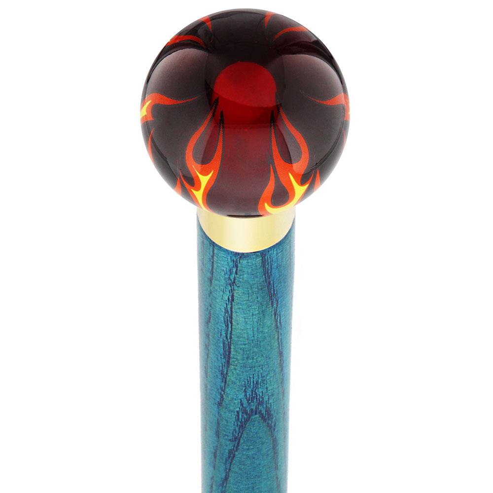 Burst of Flames Red Transparent Round Knob Cane w/ Custom Color Ash Shaft & Collar For Sale Free Shipping