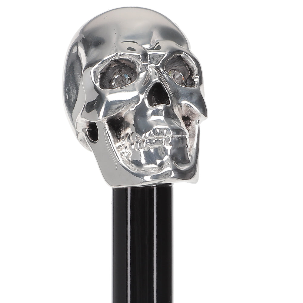 Italian Luxury: Skull Walking Stick, Swarovski Eyes, 925r Silver Real For Sale