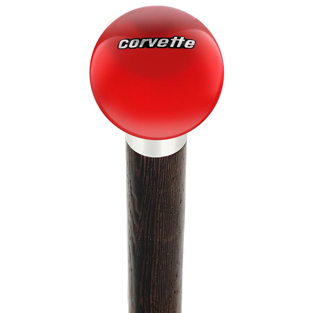 Licensed Corvette Emblem Red Round Knob Cane w/ Custom Wood Shaft & Collar Quality Original