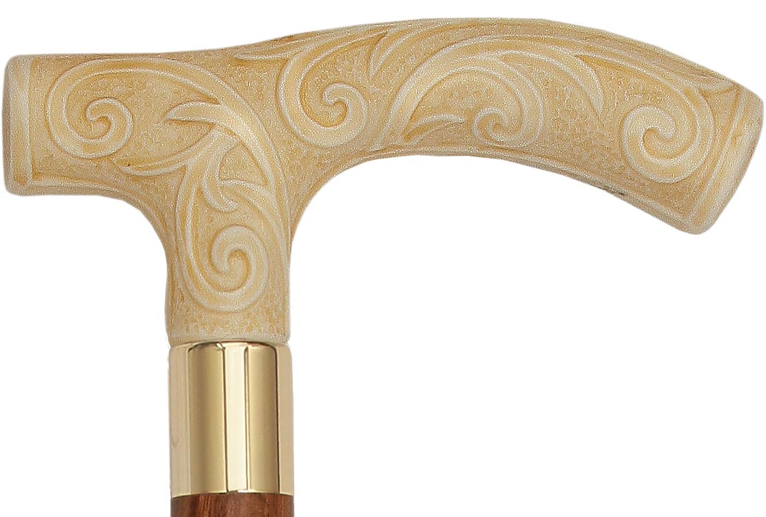 Carved Faux Ivory Scroll Fritz Handled Cane - Italian Handle w/ Custom Shaft and Collar Cheap Factory Outlet