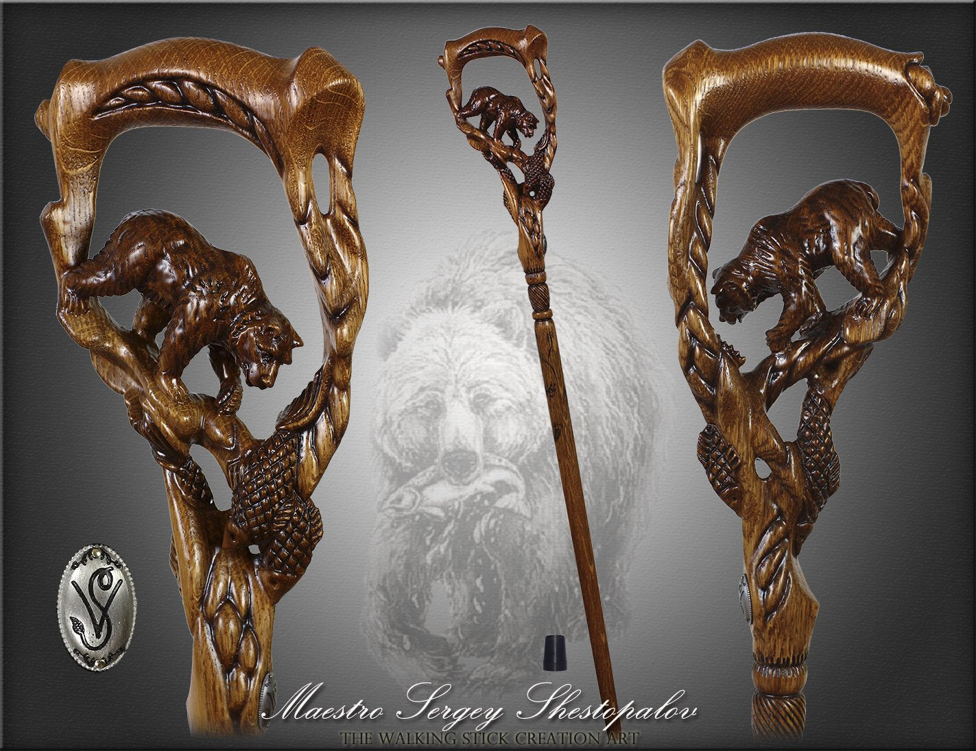 Artisan Grizzly & Salmon Hand-Carved Cane - Intricate Buy Cheap Shop