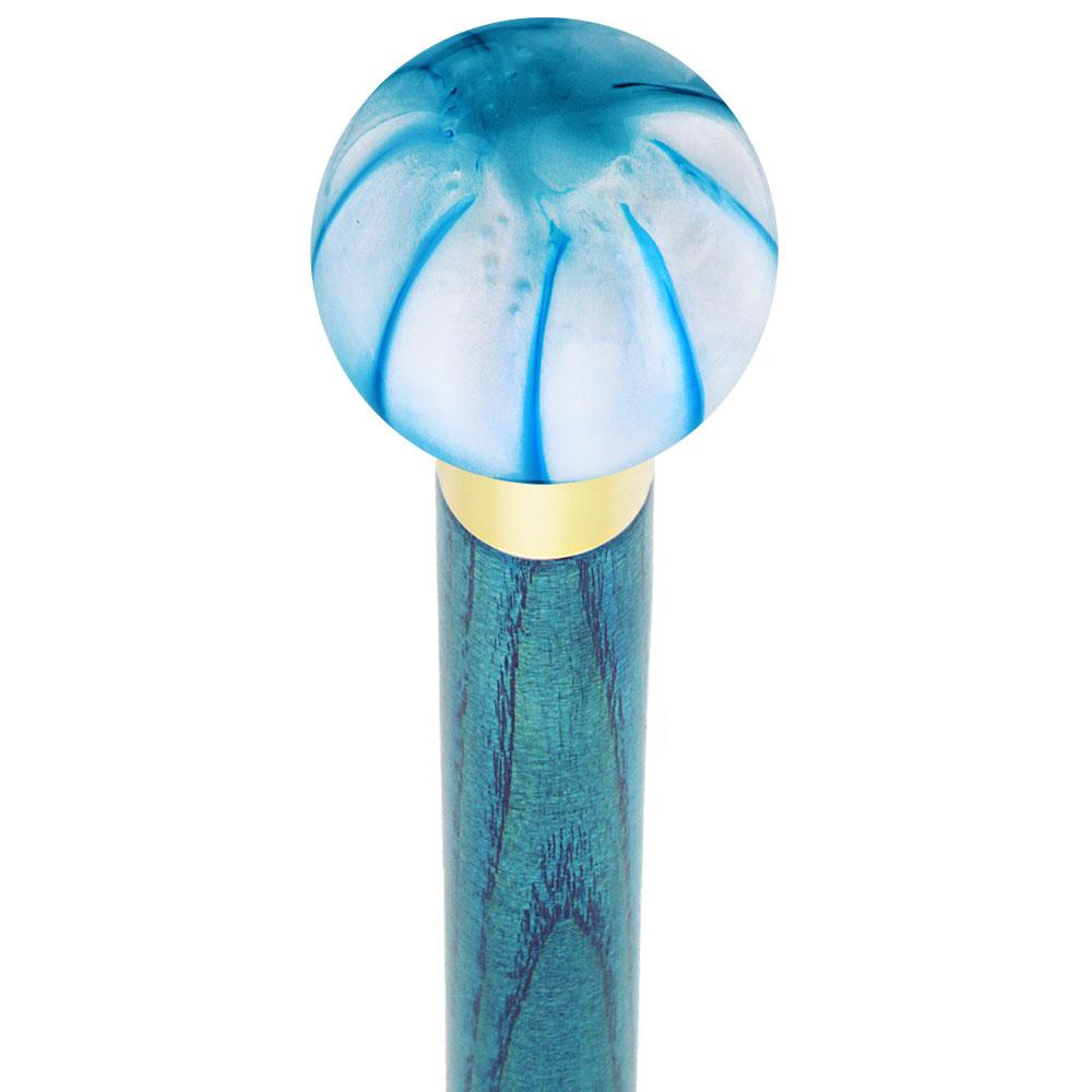 Splash of Blue on Pearl Round Knob Cane w/ Custom Color Ash Shaft & Collar Best Place Cheap Pice